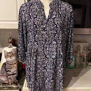 M womens new directions casual blue floral stretch plus size pull over top 1X